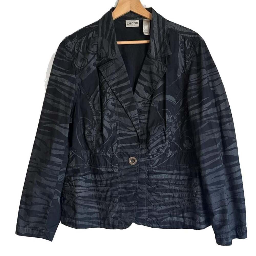Chicos Animal Print Black Cotton Jacket Pockets Blazer Long Sleeve, L (Size 2)